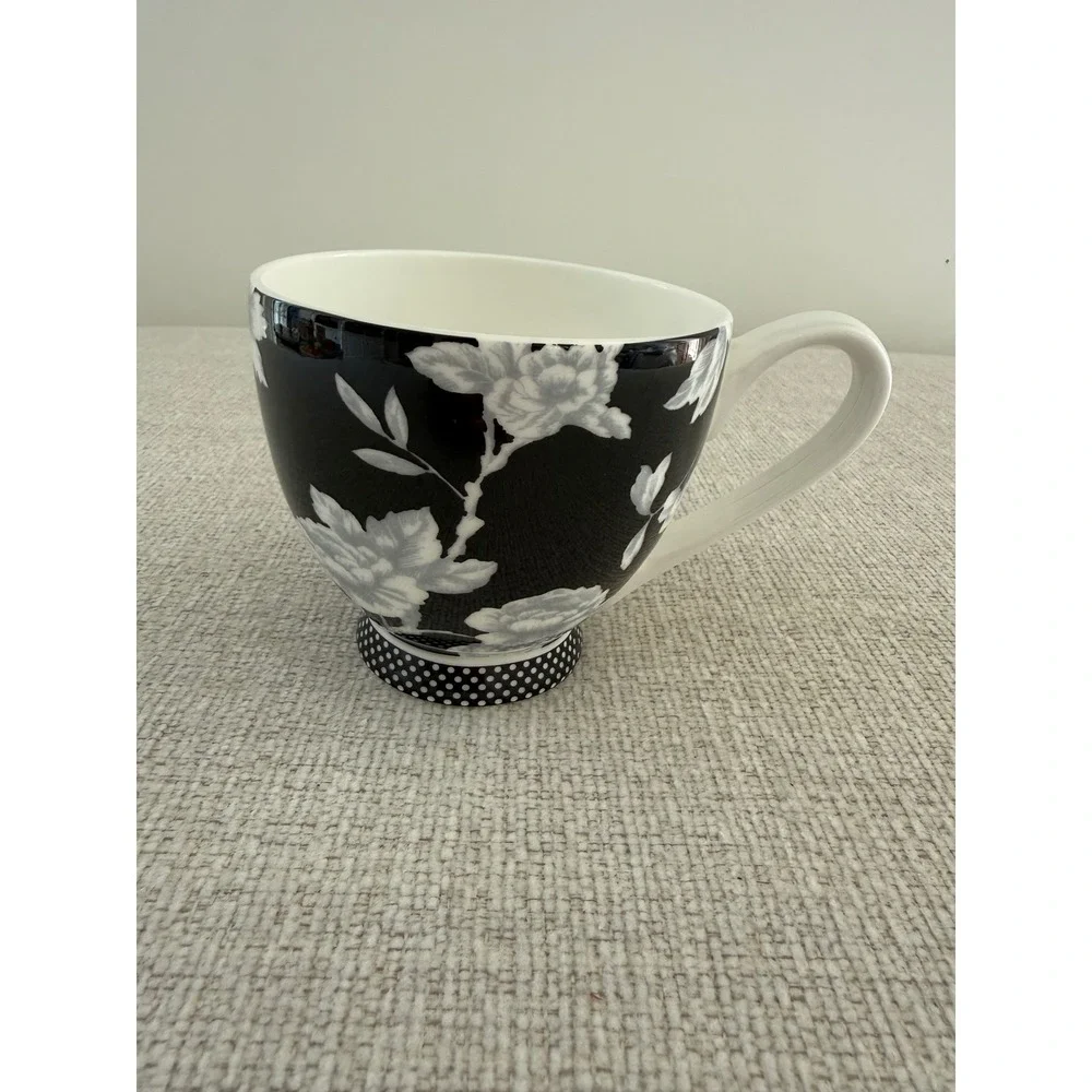 Portobello By Inspire Tea Coffee‎ Cup Black White Floral Polka Dots Bone China